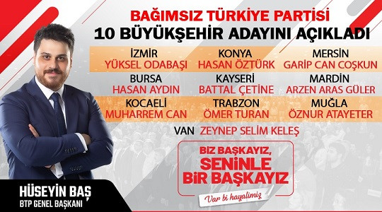 ‘Biz Başkayız, Seninle Bir Başkayız’ Bağımsız Türkiye Partisi 10 Büyükşehir Belediye Başkan adayını açıkladı.